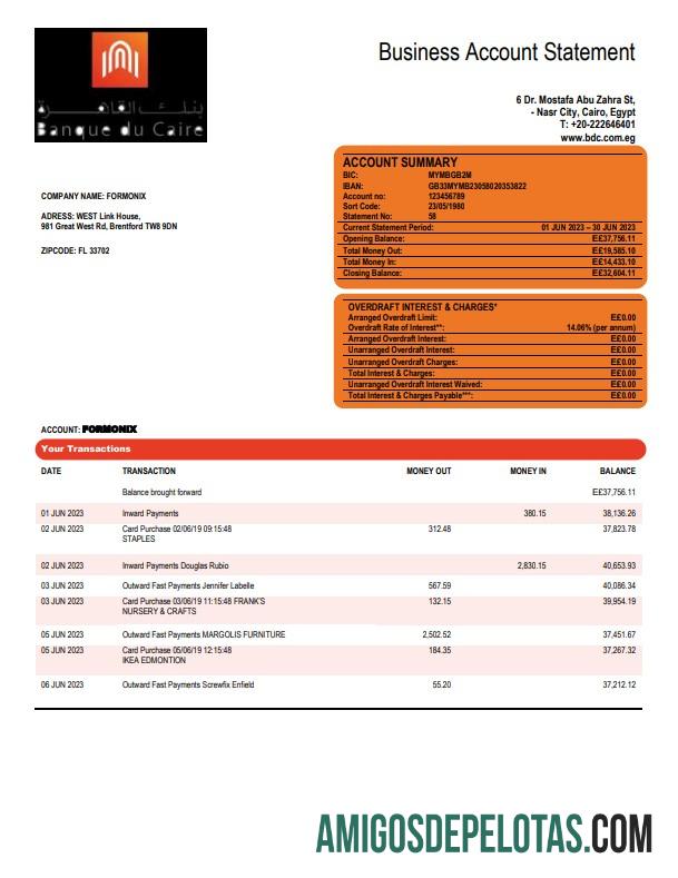 Modelo Word e PDF do extrato da conta da empresa Realista Banque Du Caire